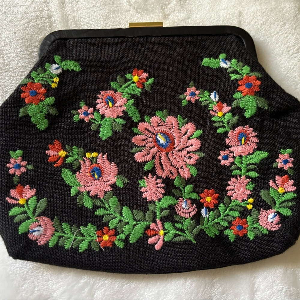 Clare V Floral Embroidered Black Clutch